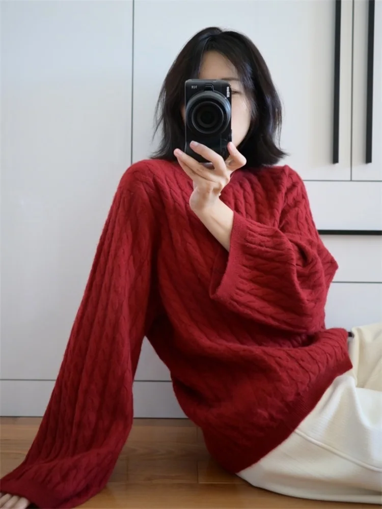 

Women's Retro Twist Cashmere Sweater Red Christmas Loose Wide Sleeve round Neck Comfortable Lazy Wind Style