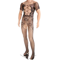 Men's Sexy Porn Fishnet Mesh Catsuit BDSM Crotchless Erotic Costume Gay Seduction Open Crotch Bodysuits Sissy Passion Set