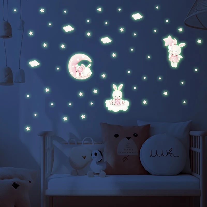 Pink Theme Rabbit Luminous Wall Stickers for Girls Bedrooms Glow In The Dark White Clouds Stars Shine Decal Baby Room Decoration