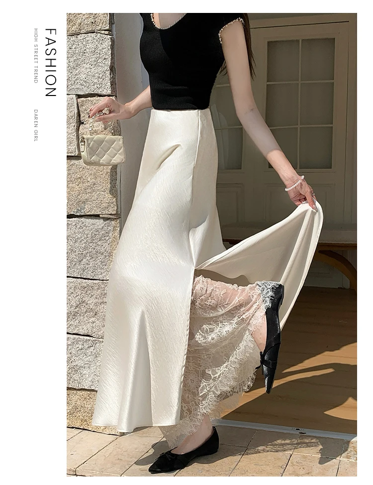 2026 Sommer Herbst Neuer Schlanker Hochwertiger Modischer Halbrock Eleganter Spitzenbesatz Satin Seitenschlitz Damen Midi-Rock – Detail 15