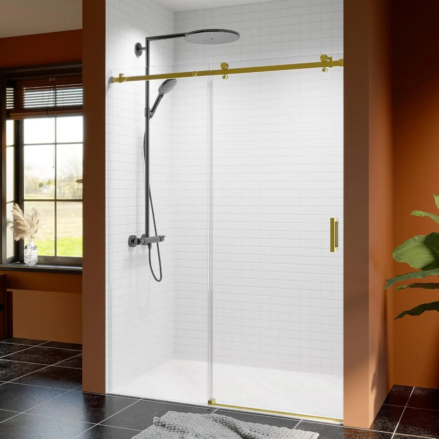 

Бескаркасная раздвижная душевая дверь 50-54 дюйма, высота 76 дюймов, прозрачное закаленное стекло 5/16 дюйма (8 мм), отделка из нержавеющей стали с эффектом матового золота