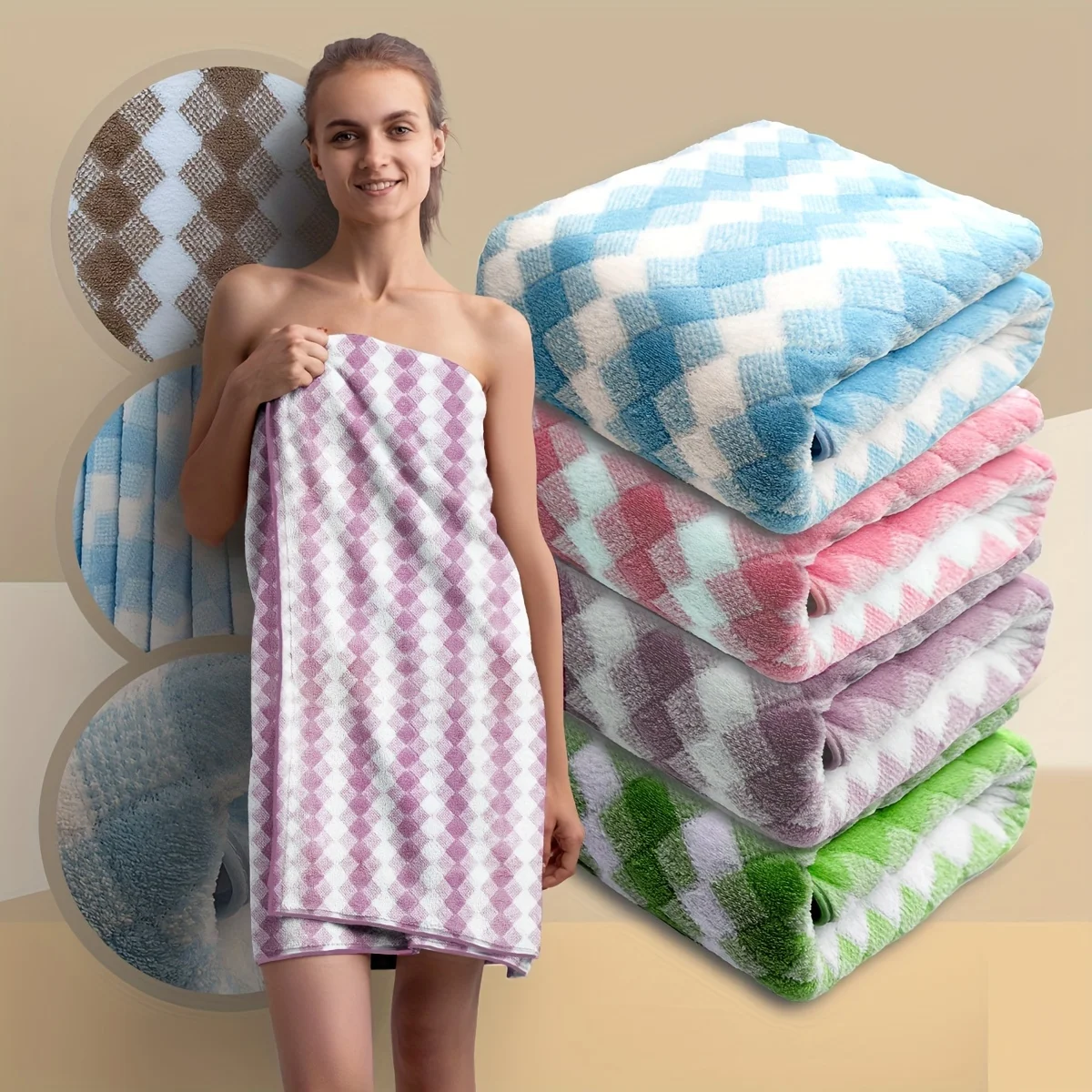 

Lattice Pattern Bath Towel Absorbent Quick-drying Showering Towel Super Soft Skin-friendly Bathing Towel For Bathroom Supplies