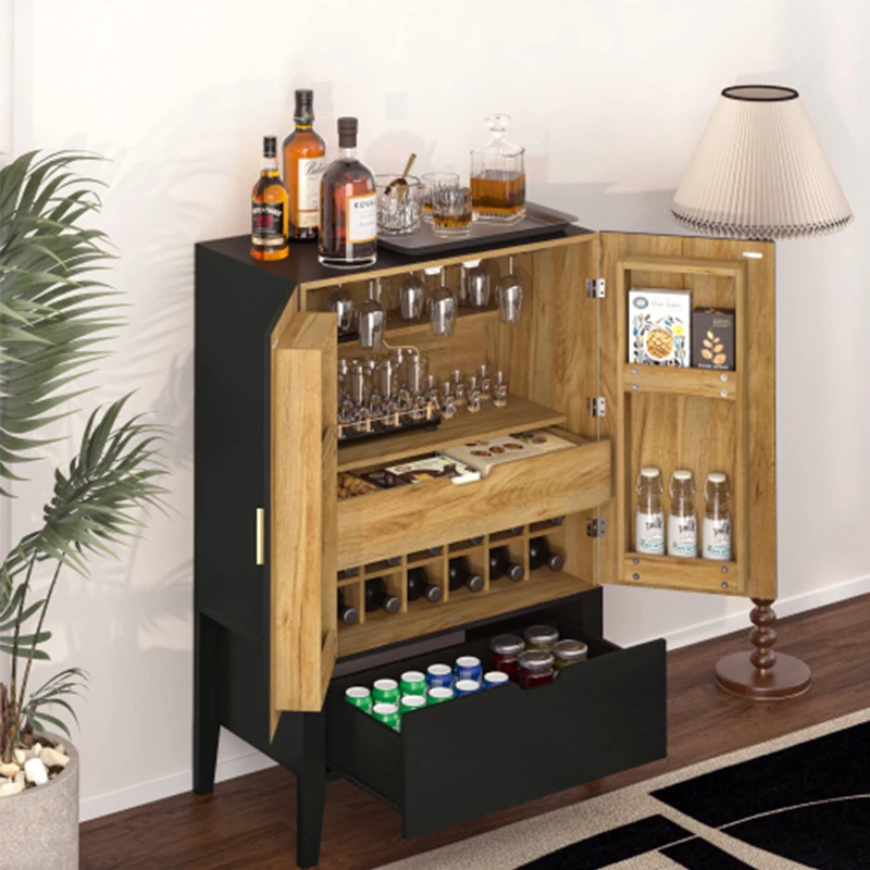 Lockers,side cabinets,Wine Bar Cabinet,Liquor Storage Credenza,Sideboard with Wine Racks & Stemware Holder,black+Brown