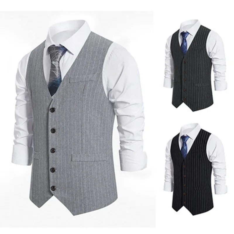 New Men's Suit, Vest, Slim Fit, Striped Single Breasted Casual Sleeveless Vest, Suitable for All Seasons for Men