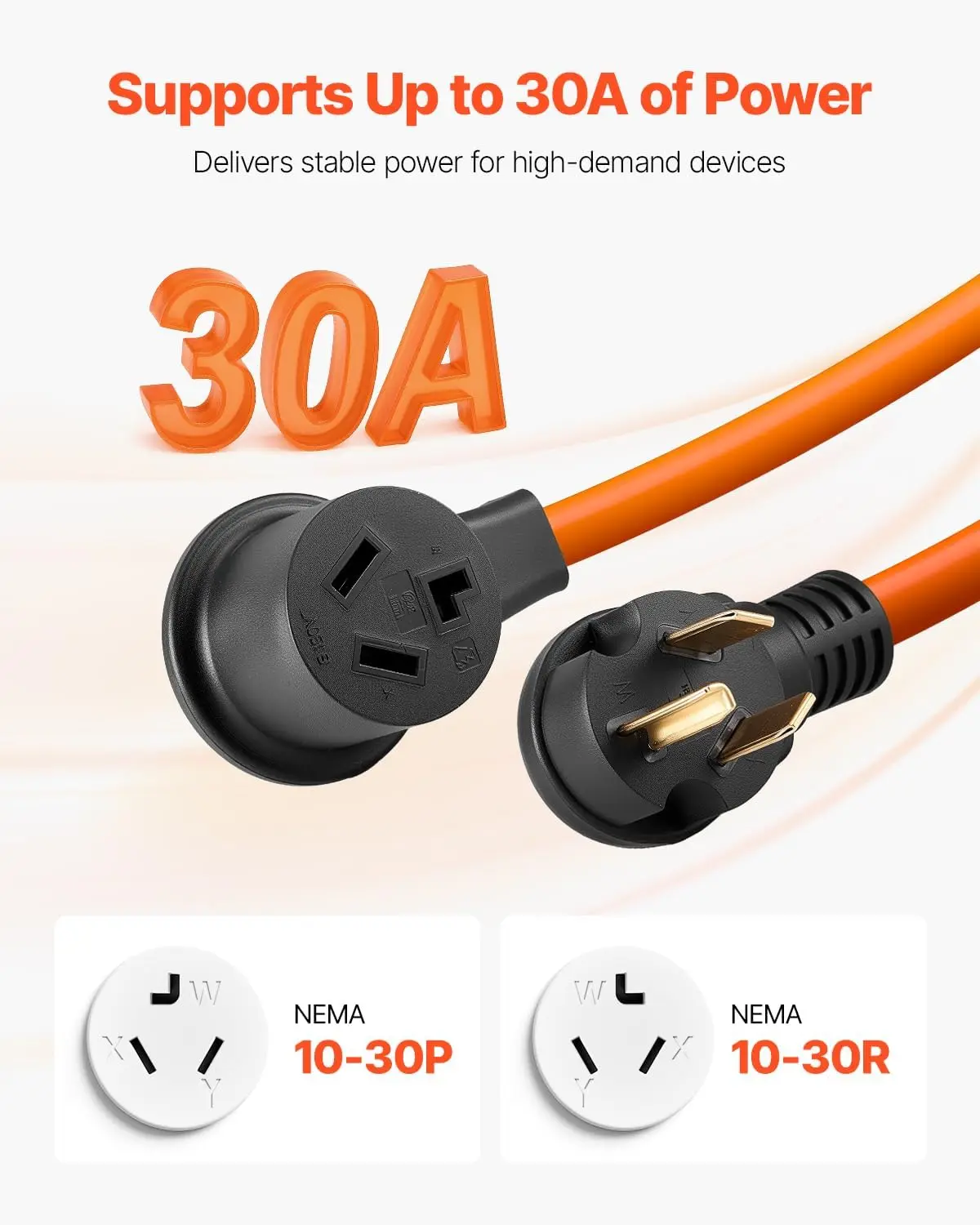 50 FT 30 Amp Dryer Extension Cord 3-Prong NEMA 10-30P to 10-30R, 10AWG STW Pure Copper 125/250V 7500W Heavy Duty Power Cable for
