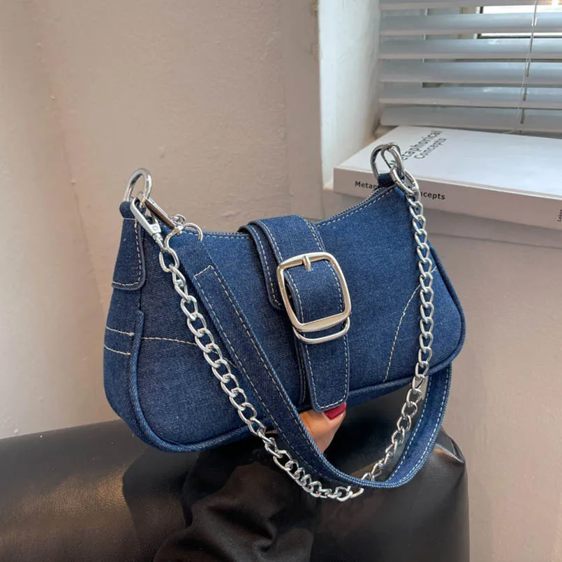 Denim Blue Female Retro Large Capacity Lock Catch Shoulder Crossbody Bags Hobos Handbag Dumpling Women Jean Purse