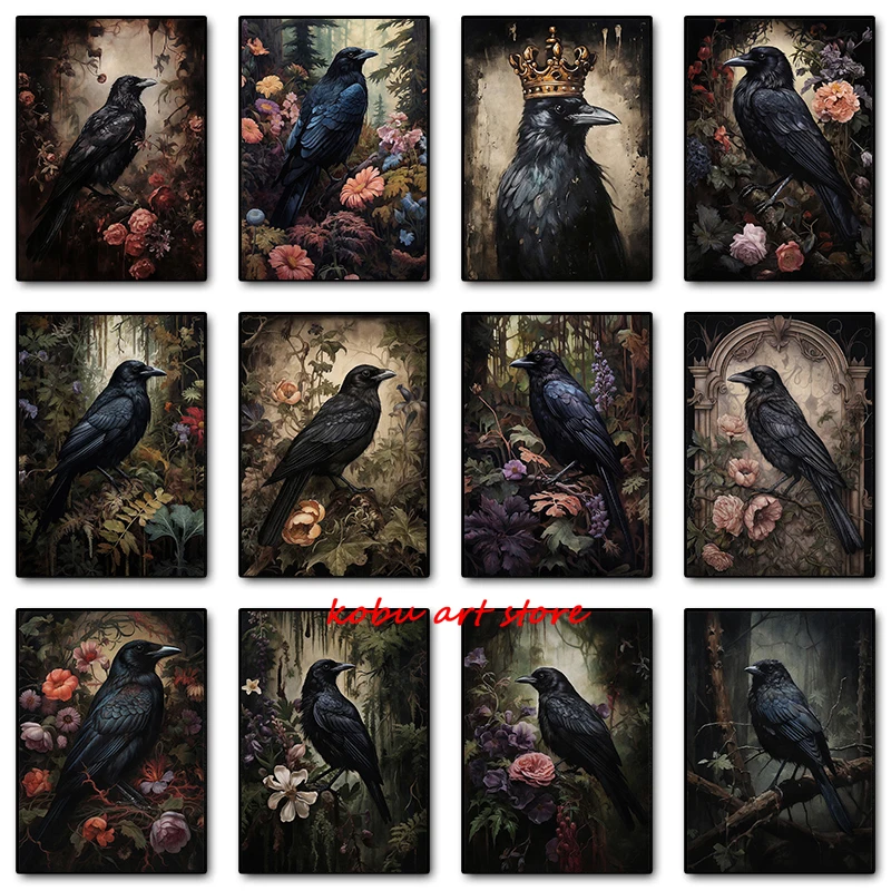 Dark Academia Raven Floral Forest Vintage Poster Gothic Crow Portrait Canvas Paintings Wall Art Print Picture Living Room Decor