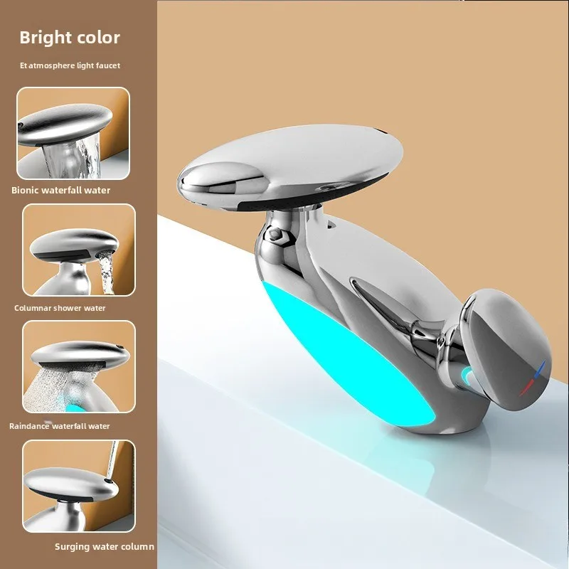 صنبور سحب مع رذاذ دوار ساخن وبارد، ضوء محيط، حوض، حوض حمام، صنبور مقاوم للرذاذ #6