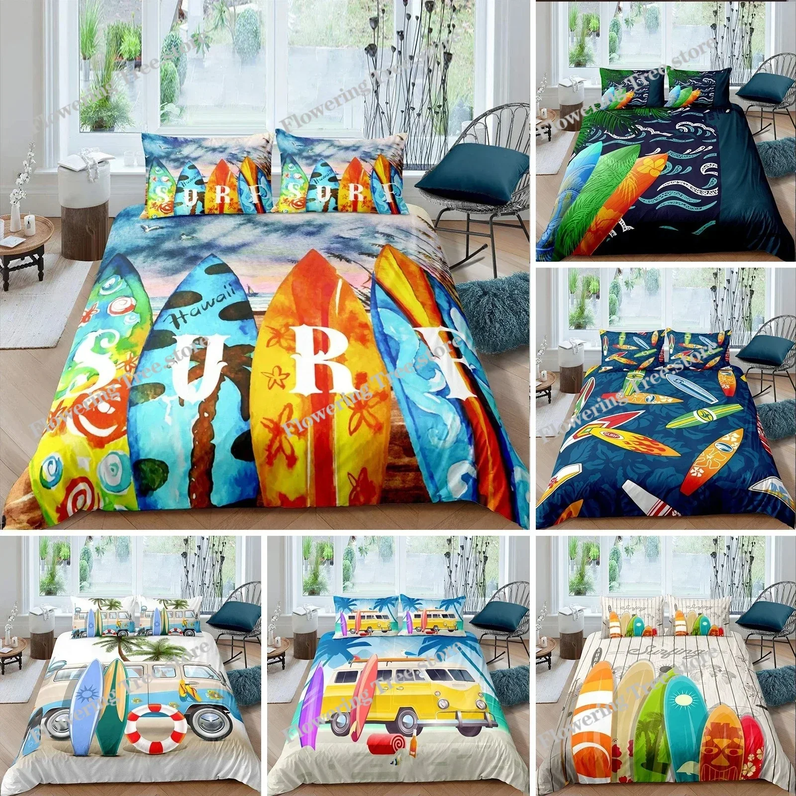 

Surf Duvet Cover Set Beach Printed Hawaii Vacation Bedding Set for Adult Women Girl Tropical Botanical Polyester Comforter Cover