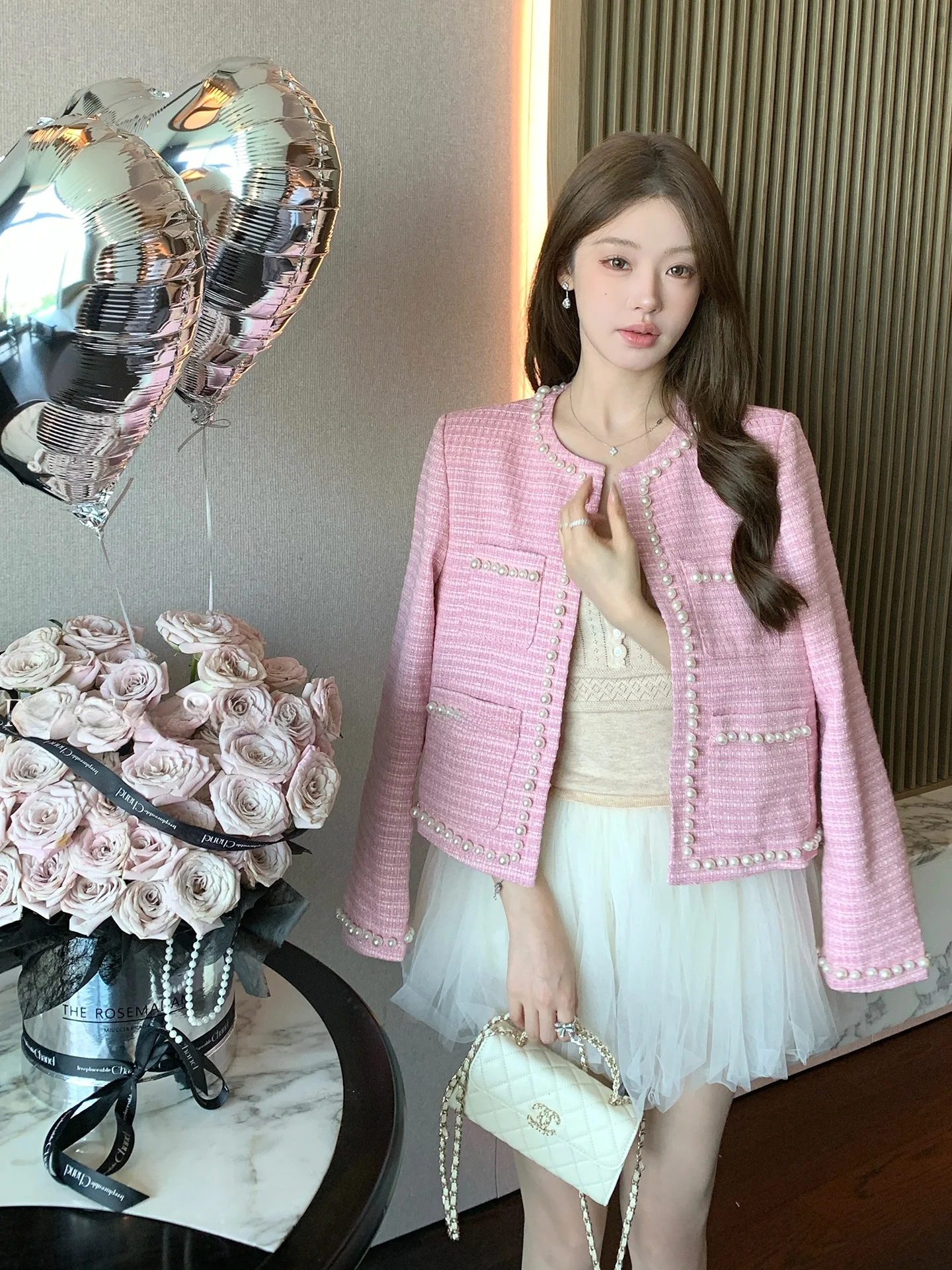 

FanyFloss ort Woolen Jaet round Ne Embellied with Beads Women's Korean Sle Commute Coat for Par Gatherings