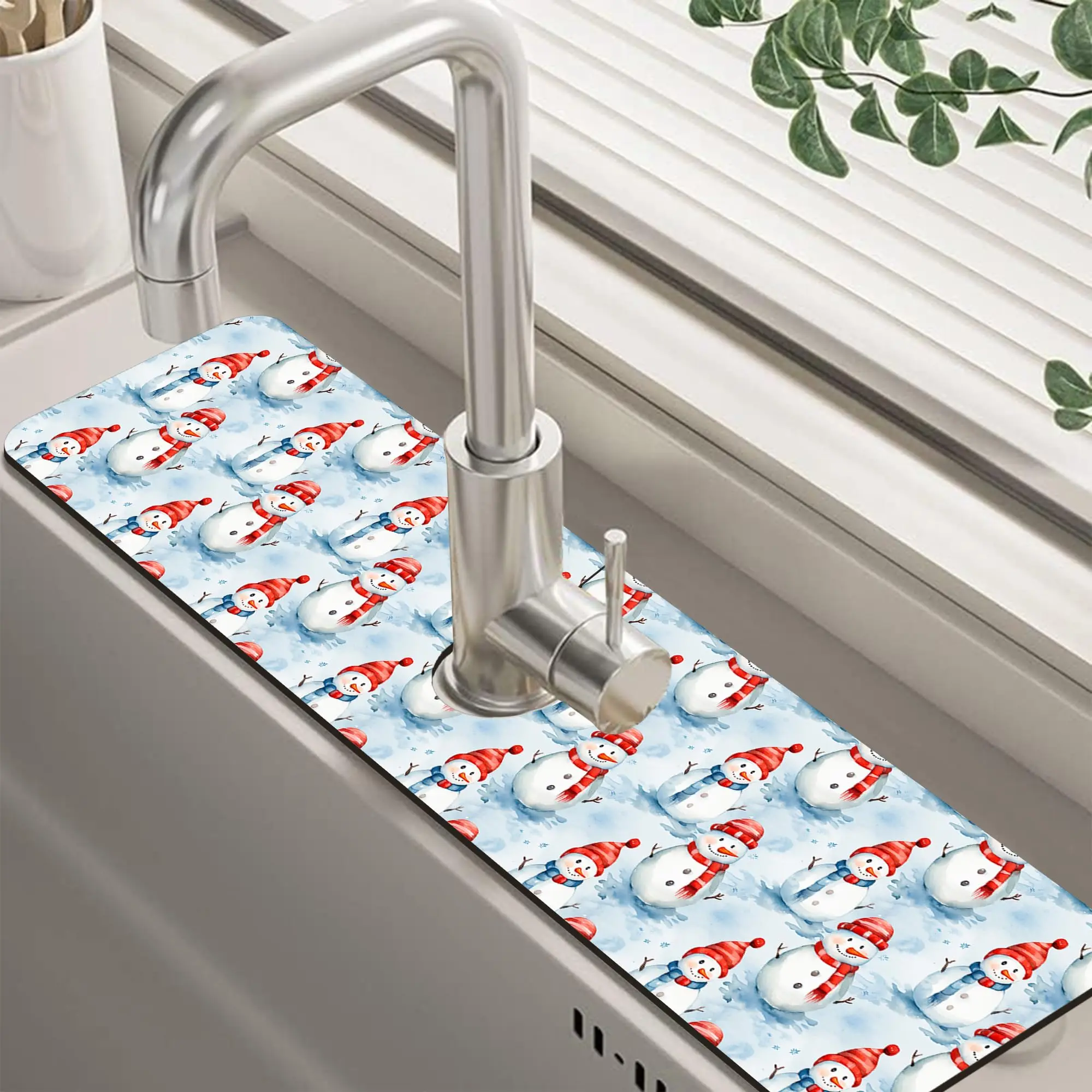 VIKAMA Weihnachtsschneemann mit Hut, Küchenspüle, Spritzschutzmatte, saugfähige, schnell trocknende Matte, Wasserhahn-Abtropfmatte für Küchendekoration