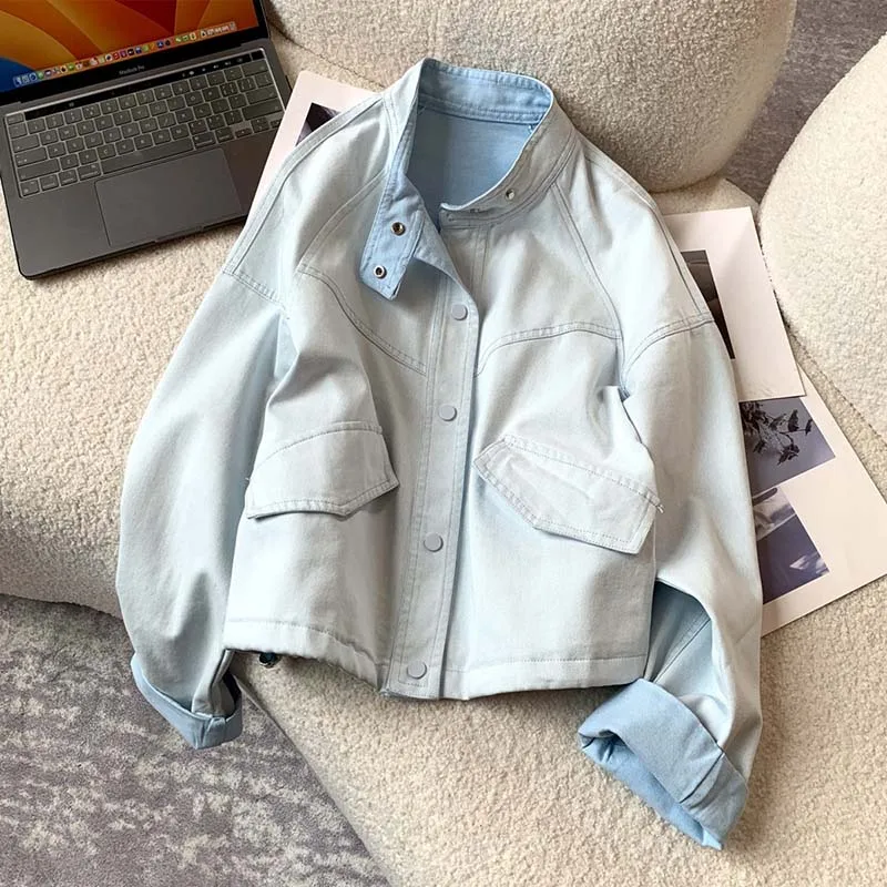 2027 Korean Light Blue Stand Collar Denim Jacket Women New Autumn Loose Short Jacket Petite Casual Fashion Outerwear Tops