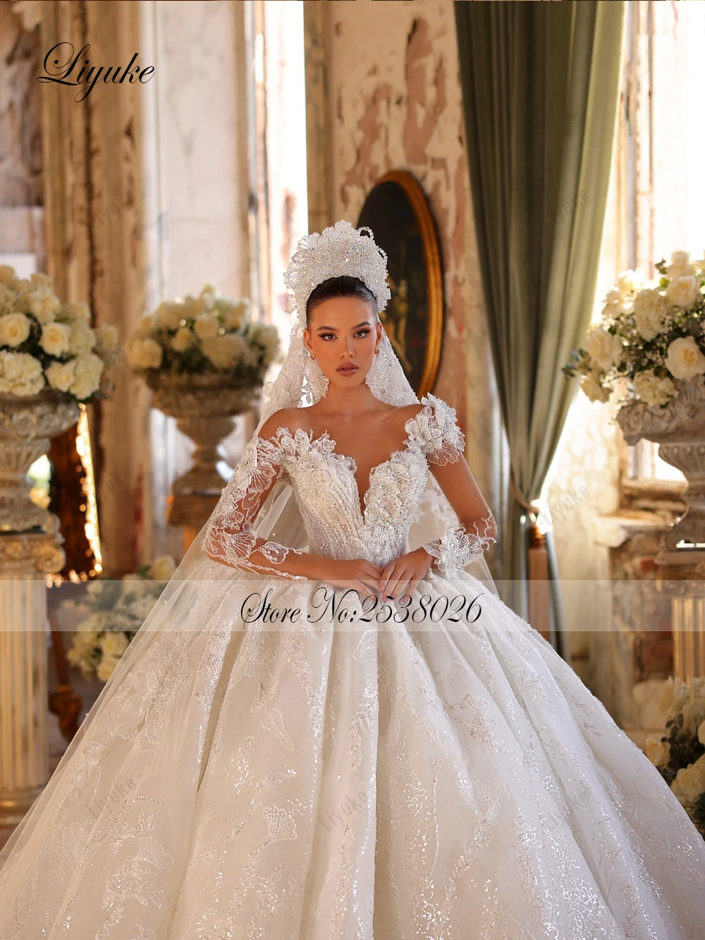 Liyuke op maat gemaakte luxe kralen parels applicaties baljurk trouwjurken borduurwerk volledige mouw illusie hals bruidsjurken