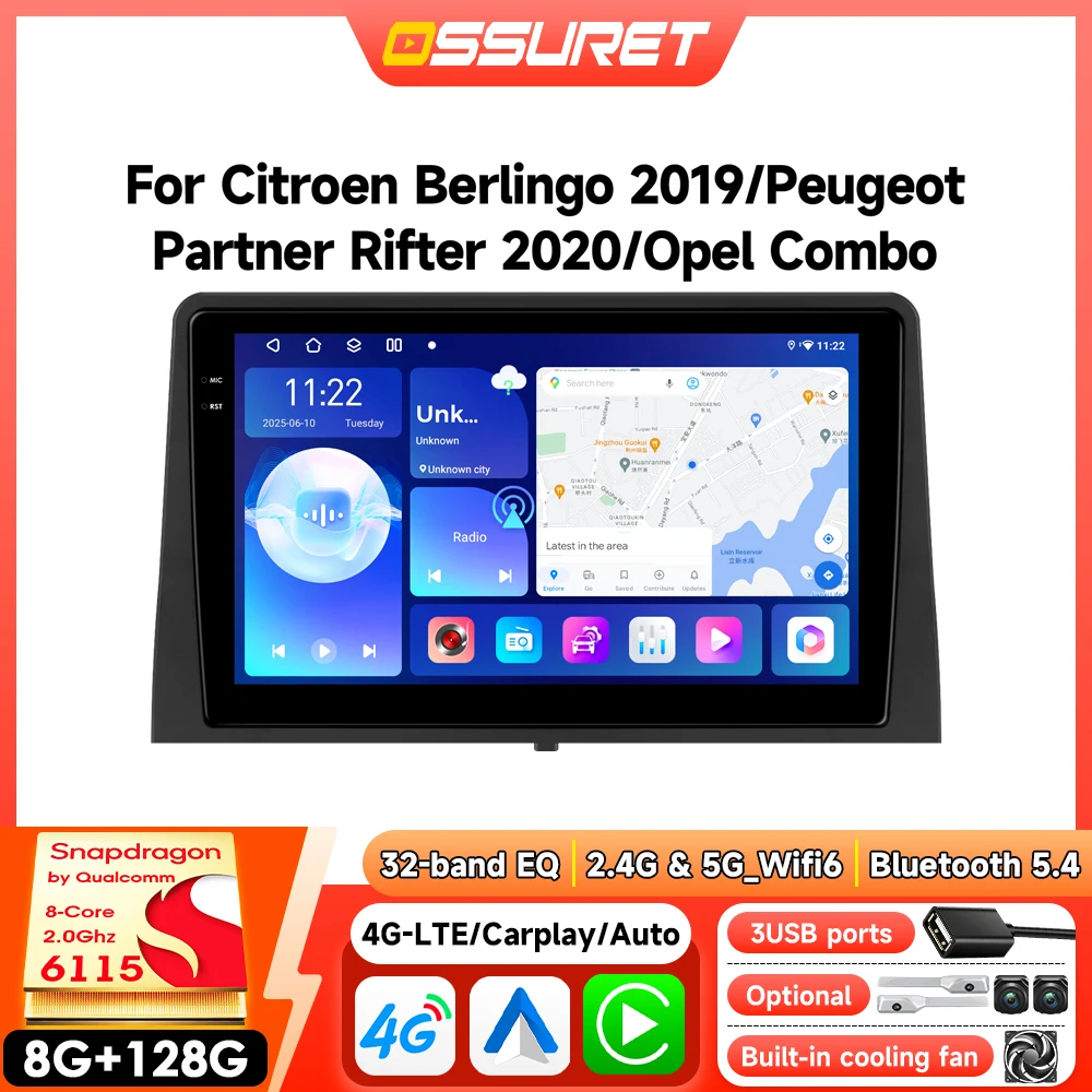 Autoradio Android pour Citroën Berlingo 2019 Peugeot Partner Rifter 2020 Opel Combo Autoradio Carplay Auto GPS Multimédia