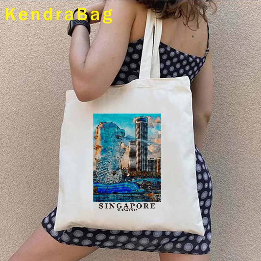 Maldives Singapore Munich New York Santorini Vatican Venice Pisa Rome Wroclaw Architectural Painting Canvas Tote Bag Eco Handbag