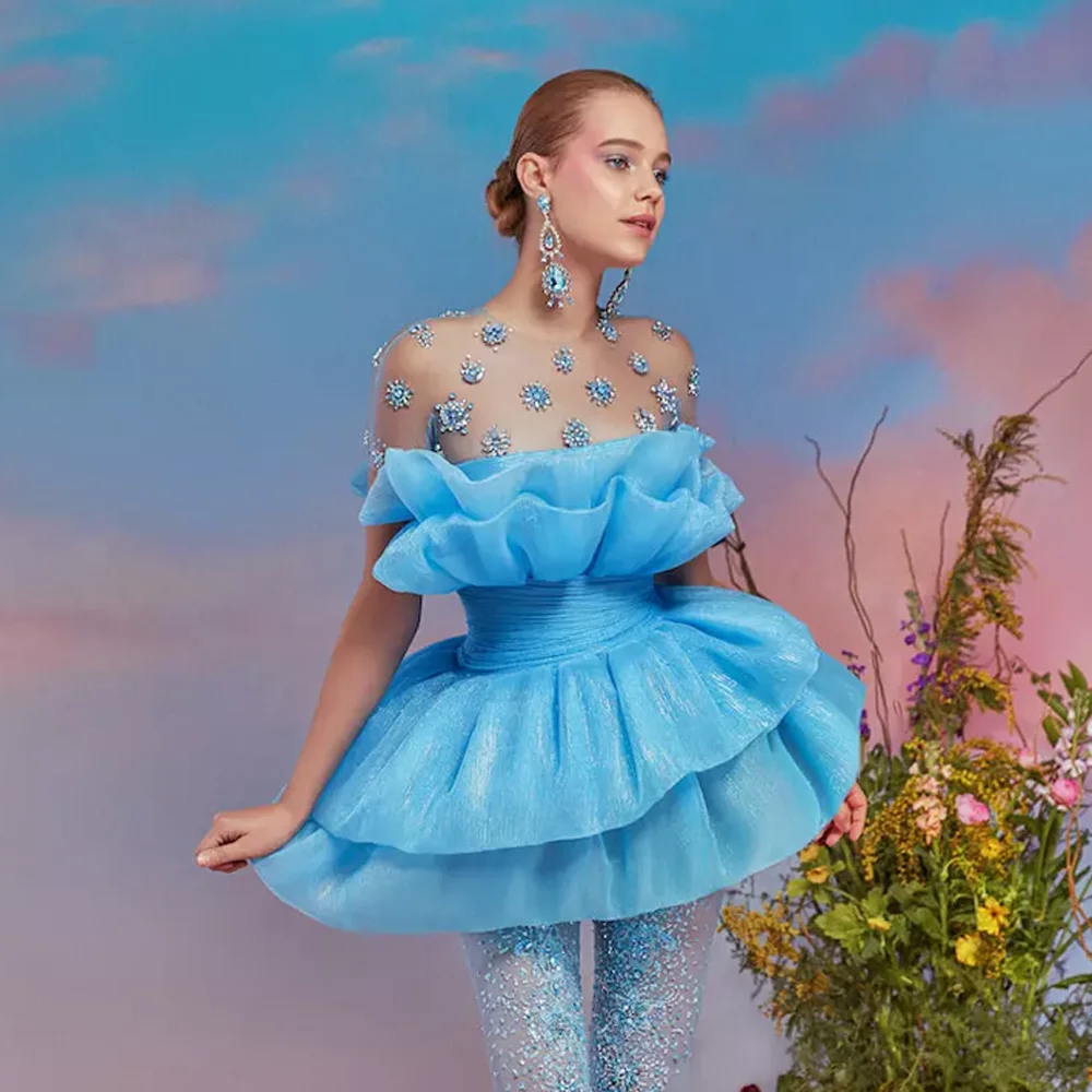 السماء الزرقاء الخيال خارج الكتف كريستال مزين توتو فستان بقماش شفاف صد تكدرت الأورجانزا بيبلوم المتدرج ماكسي التنانير