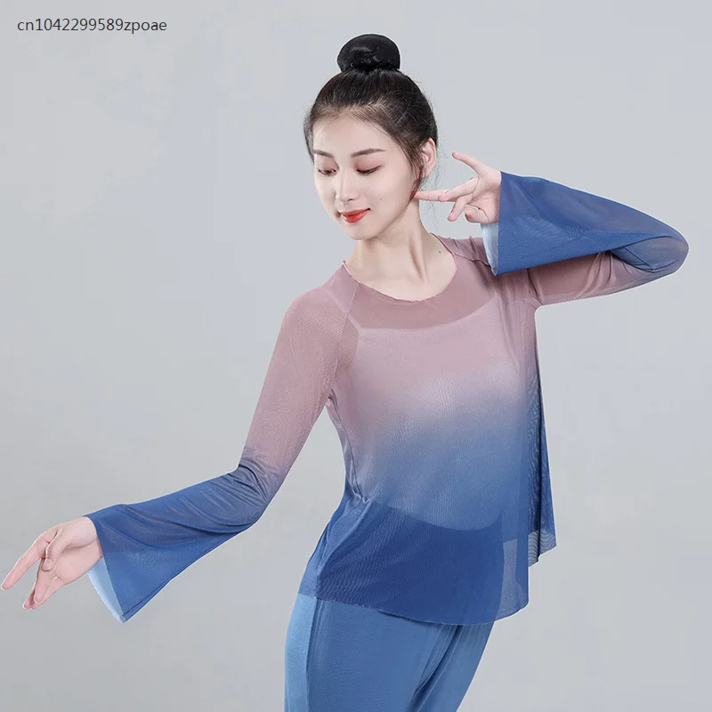 Classical Dance Costumes For Women Rhyme Gauze Clothes Elegant And Elegant Gradient Color Practice Art Test Tops For Women's
