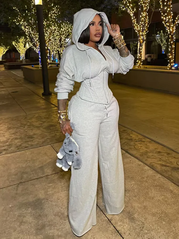 

Yomesuger женский комплект из двух предметов, повседневная повязка с капюшоном, куртка на молнии с длинными рукавами и широкие брюки на шнурке, одинаковая уличная одежда