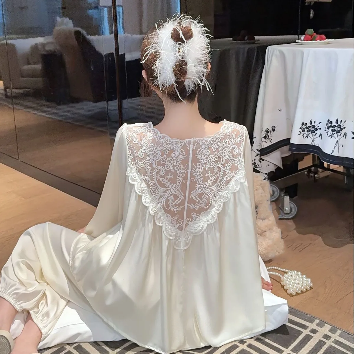 Women Sexy Back Hollow Out Lace Pullover Pants Sleepwear Satin Pyjamas 2 Piece Pajamas Set Loungewear Casual Nightwear Bathrobe