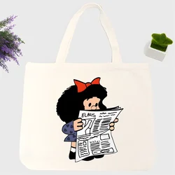 mafalda Women Men Handbags Canvas Tote bags Reusable Cotton High capacity Shopping Bag