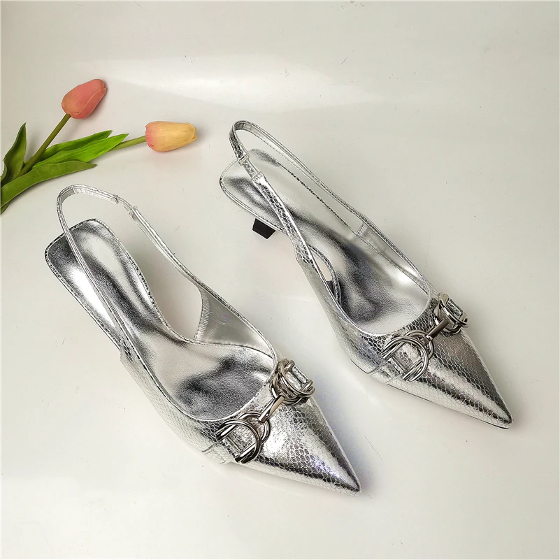 Meotina ZA INS Women Slingbacks Summer Sandals Pointed Toe High Heel Fashion Shoes Metal Decoration Ladies Footwear Brand Design