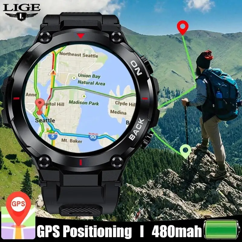 LIGE GPS Smart Watch Men 480mAh Bracelet Sports Fitness Outdoors Watch IP68 Waterproof Smart Clock Call Reminder Smartwatch New