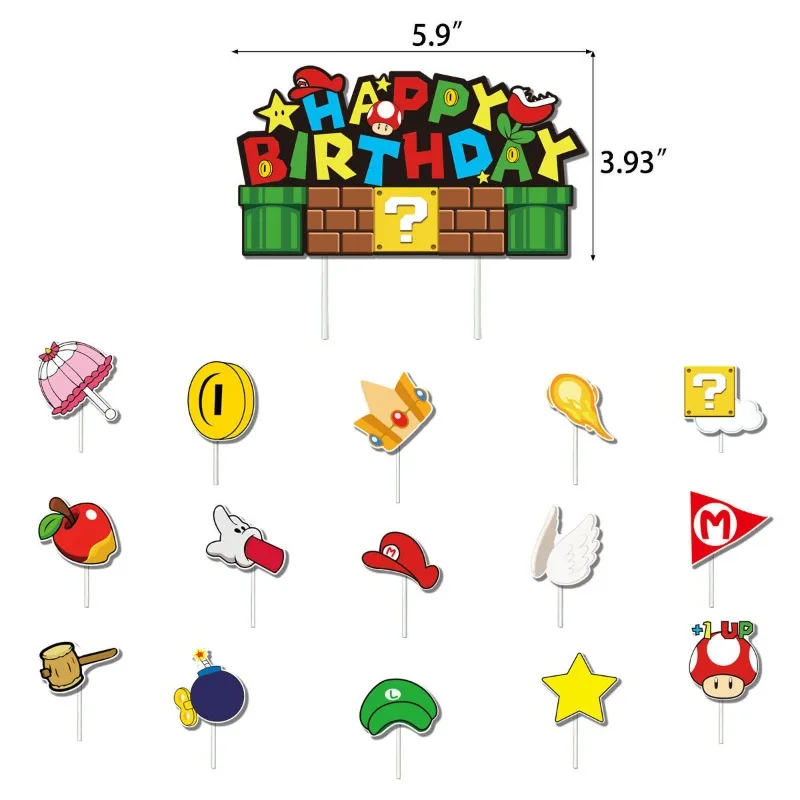 16pcs/set Super Mario Cake Flag Decorations Theme Cake Toppers Banner Flag Decorations Birthday Events Party Layout Supplies new