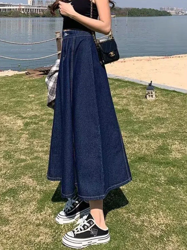 Denim Skirts Women Summer Midi Design All-match Solid Tender Elastic Waist Chic Empire Elegant Stylish Girls Cozy A-line Classic