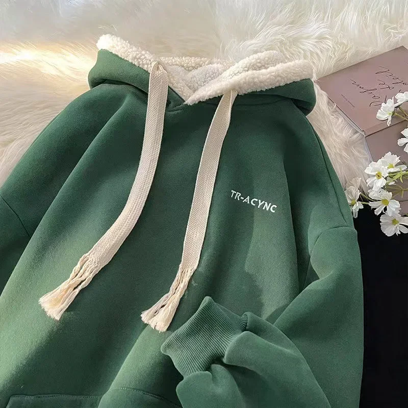 

Women Hoodie Sweatshirts Winter Solid Color Plush Long-sleeved Hooded Sweatshirt Korean Casual Loose Pullover Top Ropa De Mujer