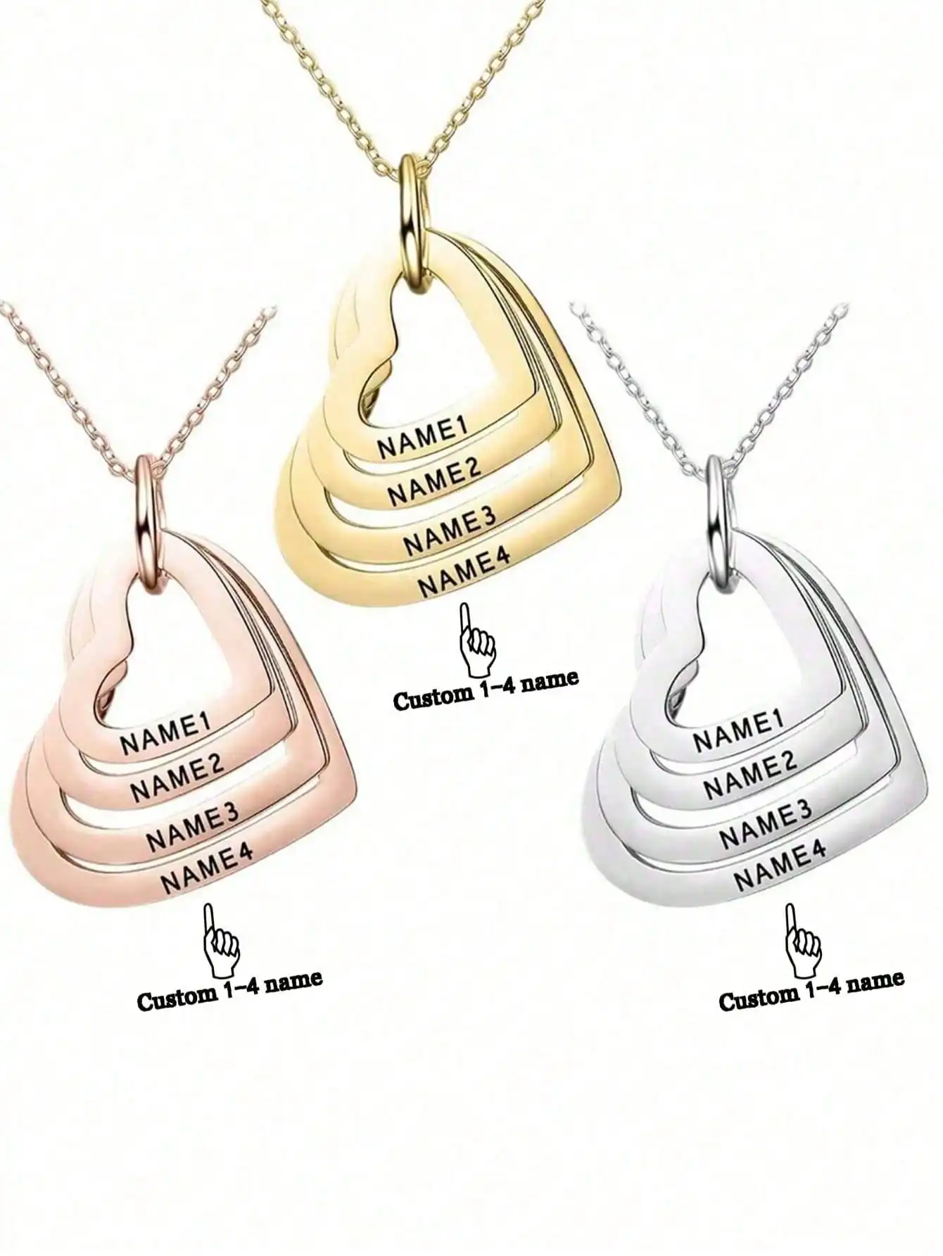1 piece personalized gold stainless steel custom lettering multi-layer heart pendant necklace, can be engraved 1-4 names, Ladies