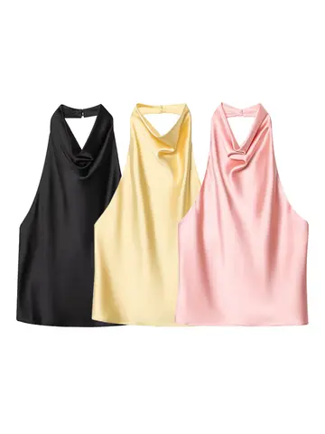 MUJER 2025 Halter Tops for Women Black Satin Backless Top Female Pink Summer Beach Top Woman off Shoulder Camisole Top Women