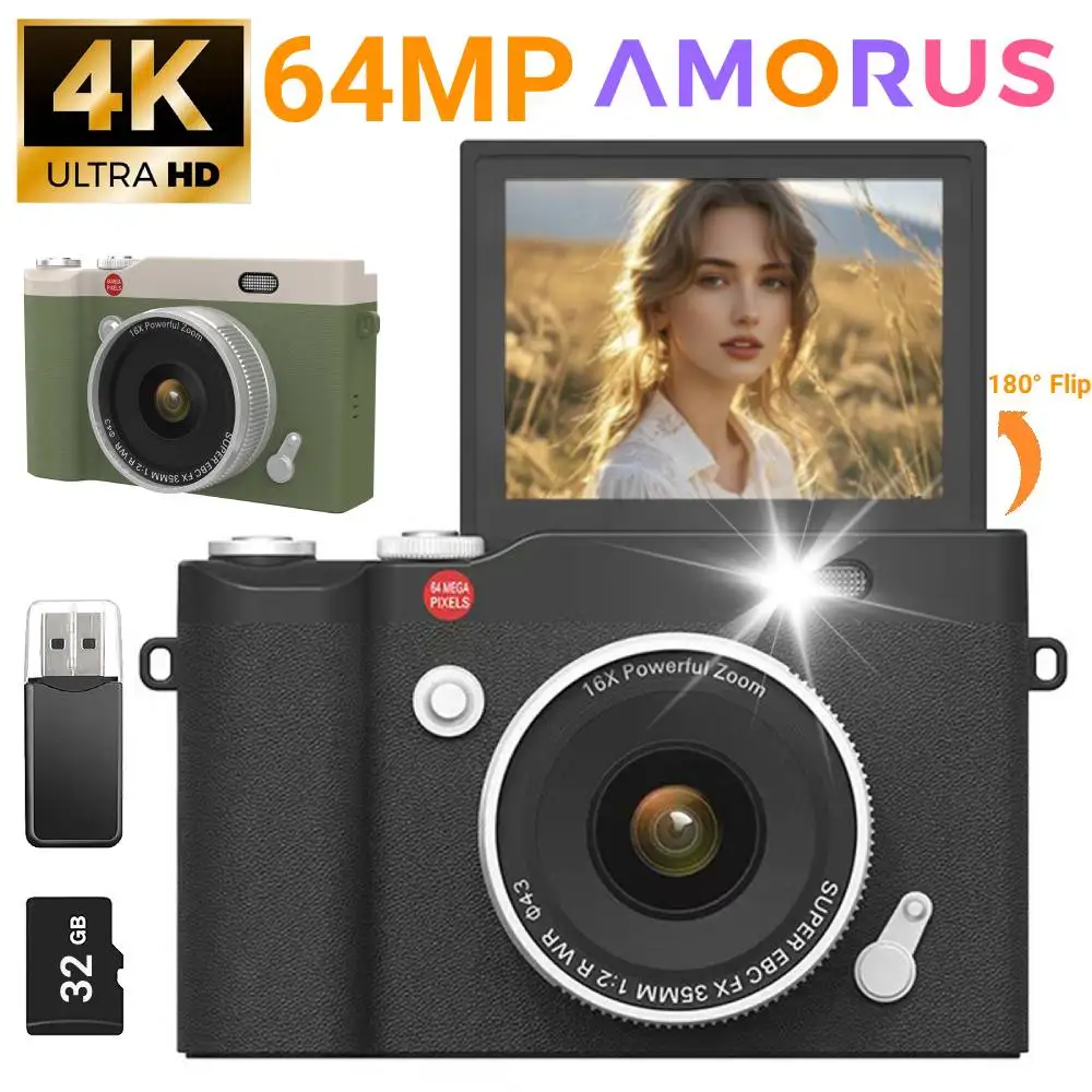 كاميرا رقمية 4K تكبير رقمي 16X CCD مسجل فيديو ريترو 2.4 بوصة 180 °   كاميرا تصوير رقمية مدمجة بشاشة قابلة للطي