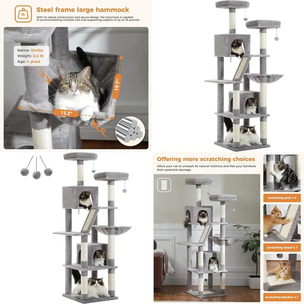 

Многоуровневая кошачья лежанка-башня высотой 80 дюймов с гамаком, когтеточкой, 2 платформами, 2 домиками и 2 помпонами для домашних кошек, серая