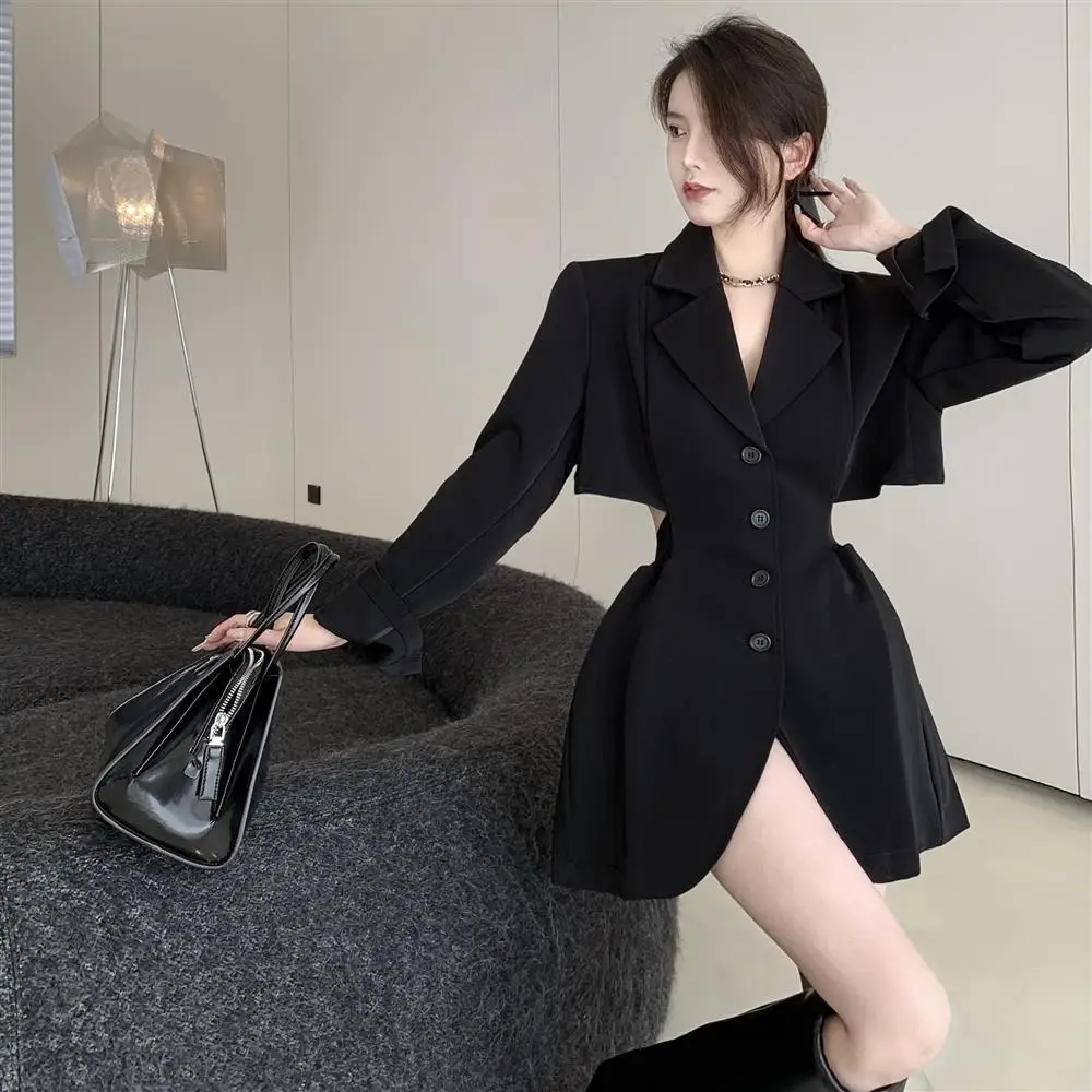 Suit Dress Women\'s Autumn New Style Sexy Hollow Out Design Short Skirt Temperament Light Mature Waist Cinched Long Sleeve Skirt