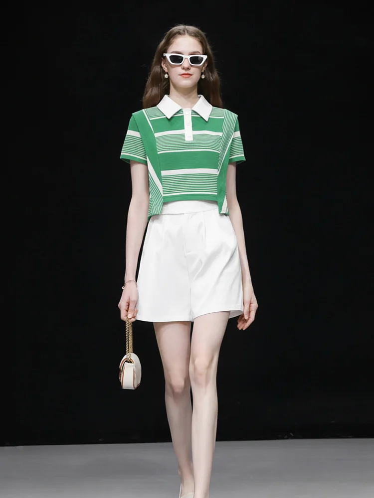 

Summer 2026 Casual Stripe Neck T-Shirt Short Sleeve High Waist Shorts Set Fashionable Women's Clothing T-Shirt Set