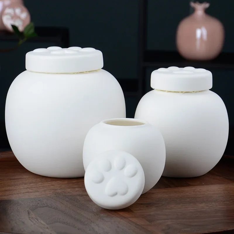 Urna memorial de pegada de animal de estimação, tanque de armazenamento selado de cerâmica, cinzas simples, branco, rosa, cão, armazenamento de cinzas memorial de gato