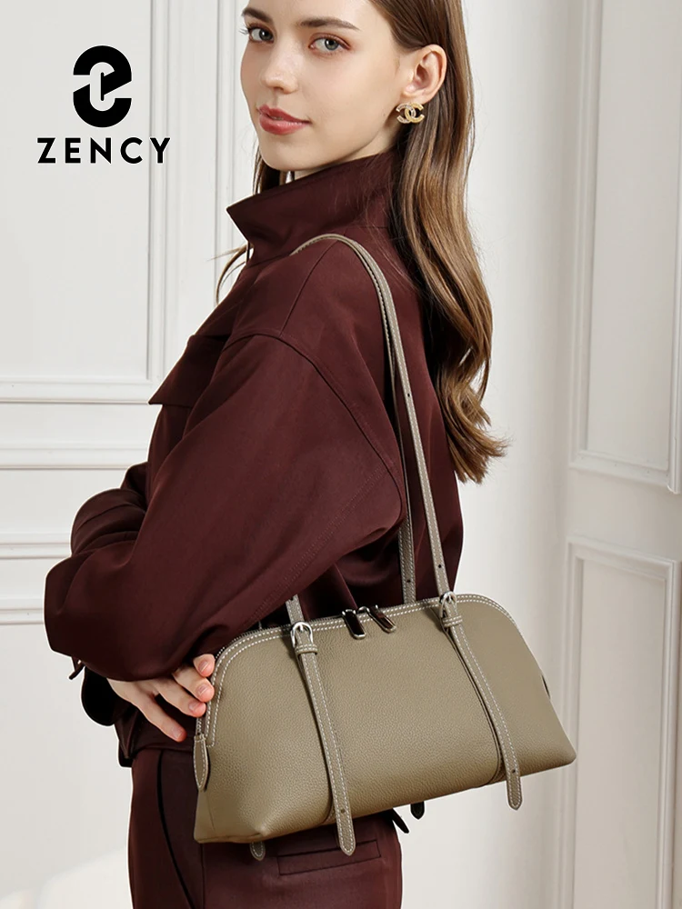 Zency Khaki Women's Genuine Leather Underarm Bag Double Straps Shoulder Handbag Simple Fashion Luxury Roomy Crossbody for Work