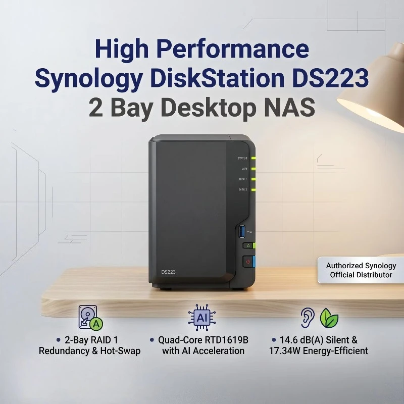 High Performance Synologys DiskStation DS223 2 Bay Desktop NAS 2GB RAM Small Business Office File Sharing Storage Server NAS