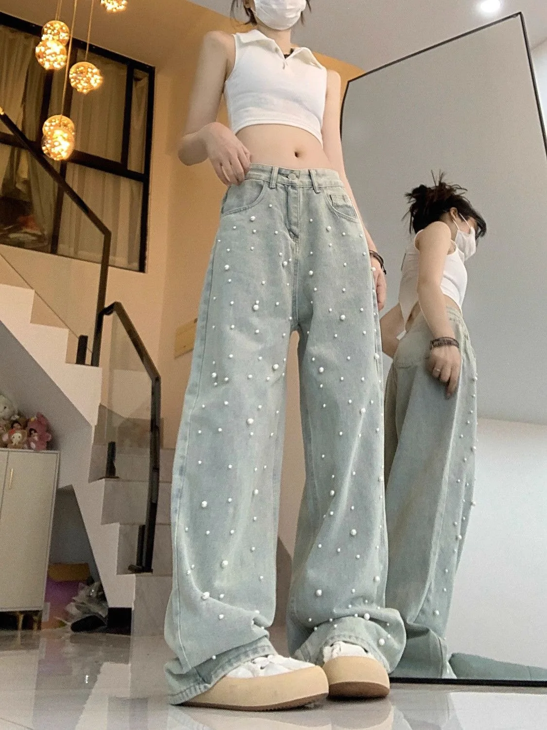 

Американские ретро-джинсы с жемчужным декором для женщин: модные широкие брюки с высокой талией, прямые, свободные, весна-осень, новинка