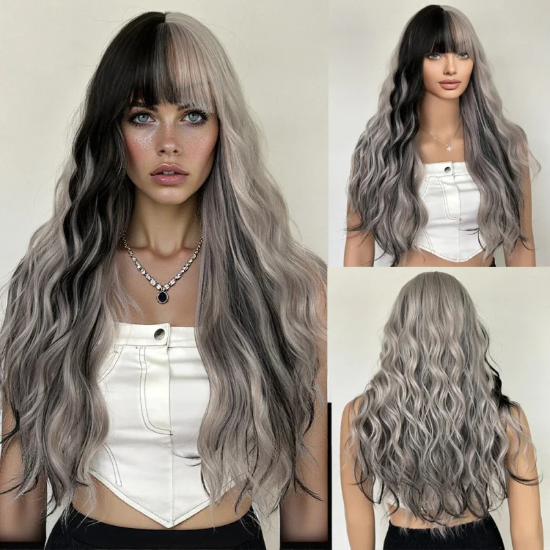 لون متدرج مع الانفجارات شعر طويل مجعد شعر مستعار ألياف مقاومة للحرارة غطاء رأس شعر مستعار