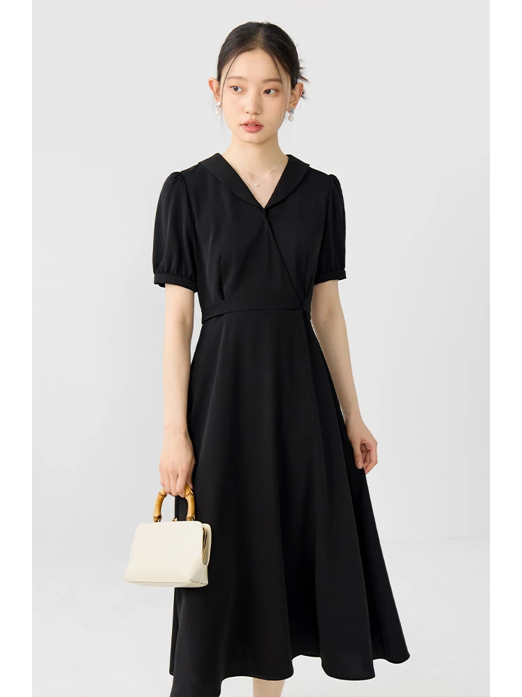 ZIQIAO French Style Green Fruit Collar Versatile Commuter Women Black Long Dress Summer New Petite Girl Female Dress 24ZQ92061