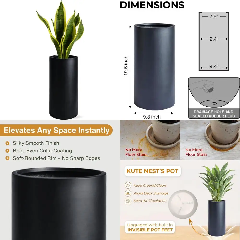 

Weather-Resistant Tall Planter Cylinder, 19.5H x 9.8D, Drainage Hole, Smooth Finish, Suitable for Indoor and Outdoor Use