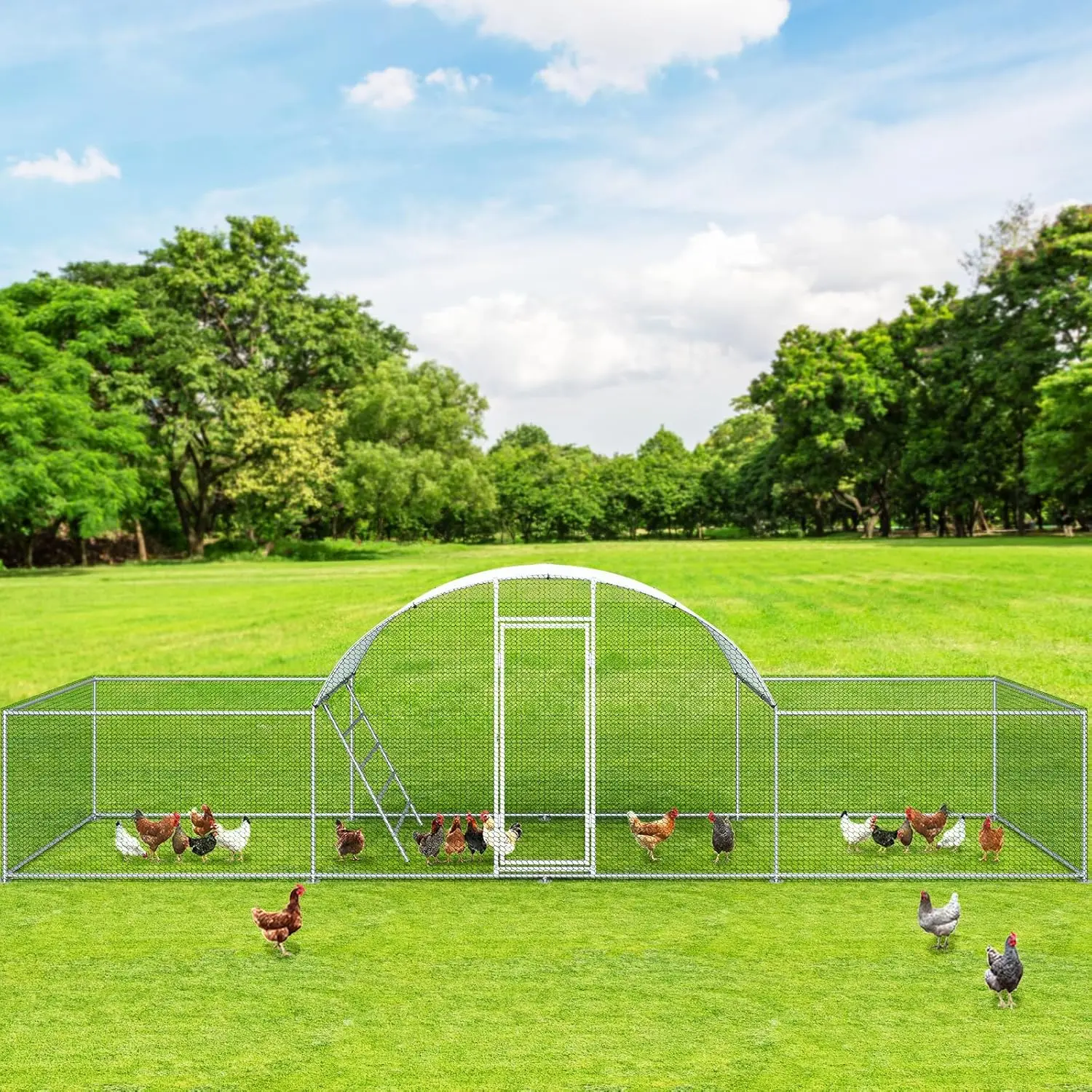 Bolígrafo para aves de corral con techo de cúpula de 3 habitaciones, gabinete grande para correr de gallinas, casa de jaula para conejos y patos galvanizados para caminar
