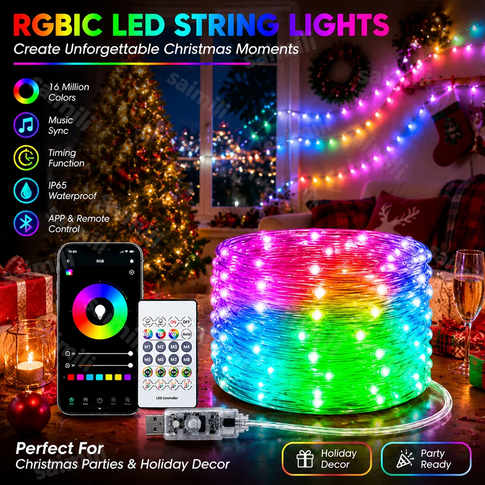 Guirnalda LED Inteligente WS2812B RGBIC USB 5V con Sincronización Musical, Luces de Colores de Ensueño, Impermeables, para Decoración Navideña, Fiestas y Hogar