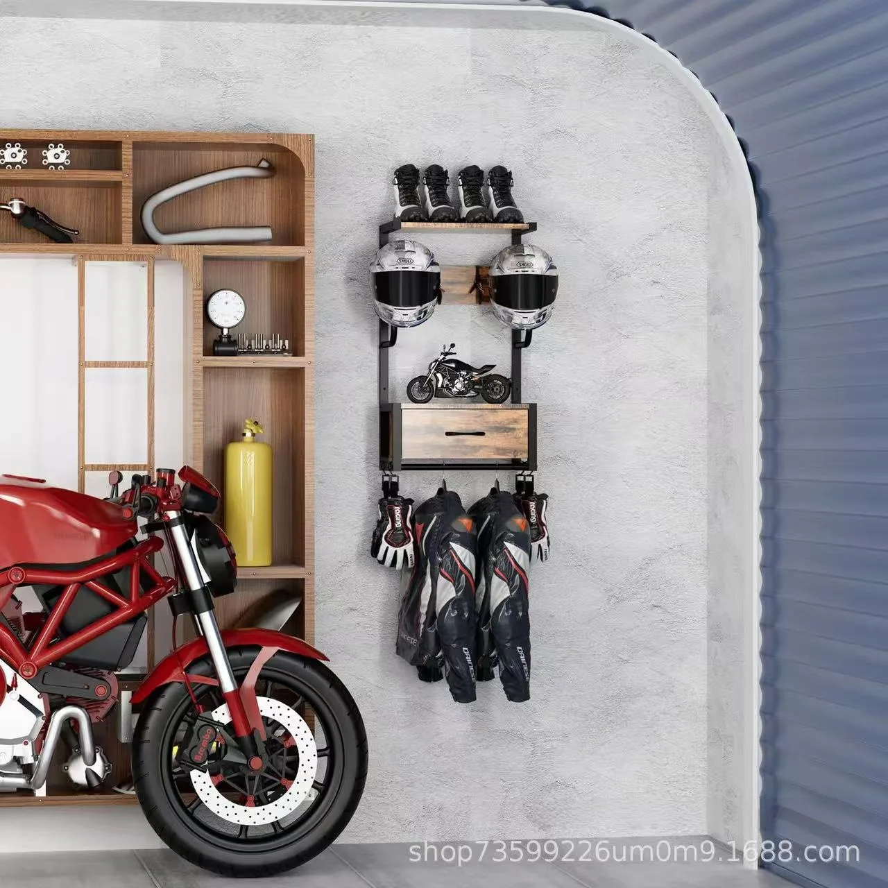 Helmet Holder Wall Mount Wood and Metal Helmet Rack with 4 Glove Clips Motorcycle Gear Storage Organizer for Entryway or Garage
