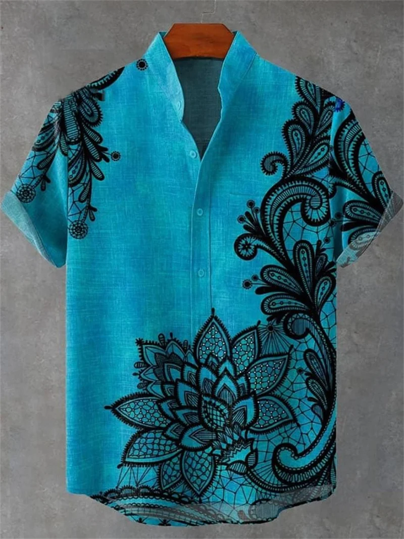 

2025 summer retro men's shirt with short-sleeved striped print shirt