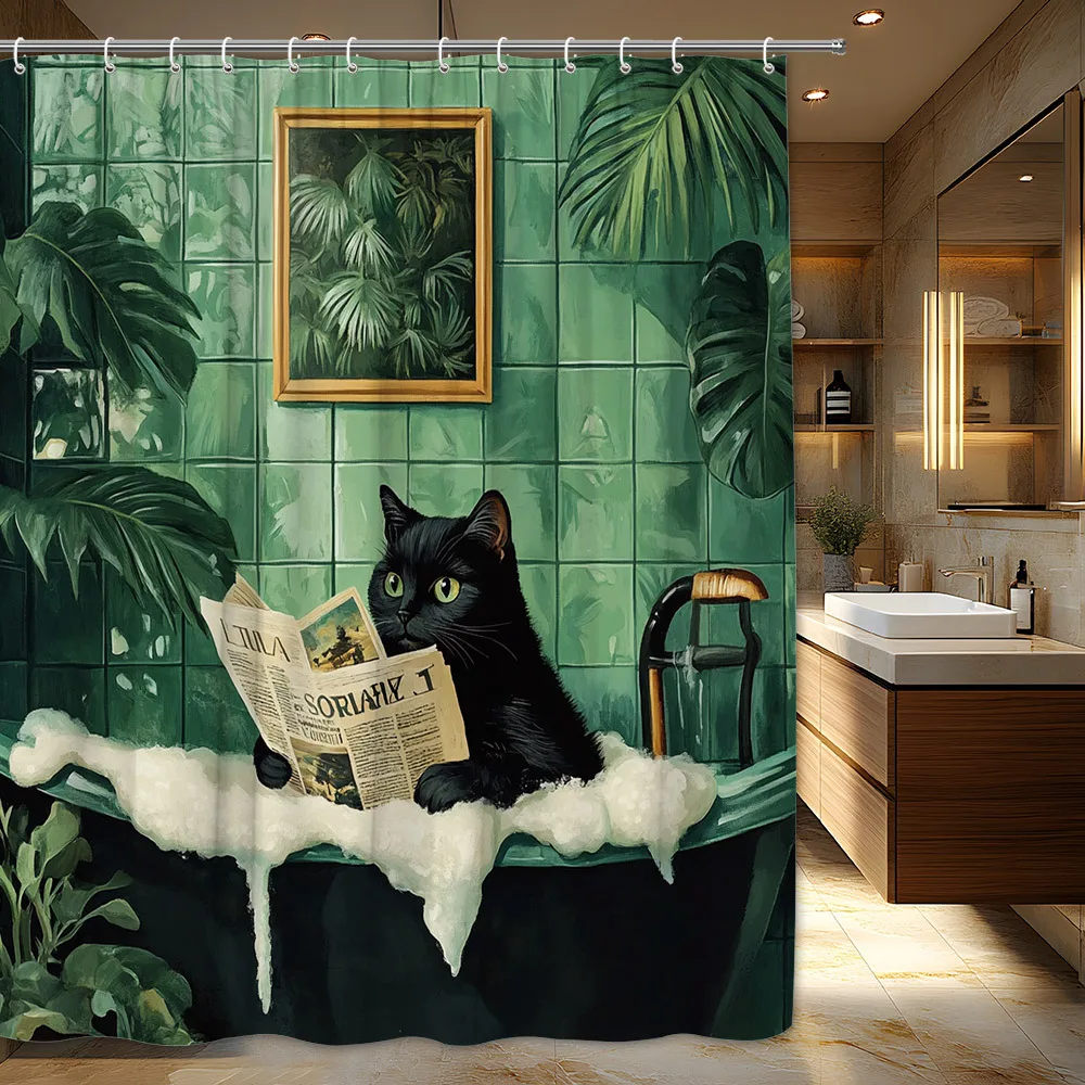 1pc a Black Cat in a Green-Tiled Bathroom Reading a Newspaper, Surrounded by Lush Green Plants And a Framed Botanical Print Show