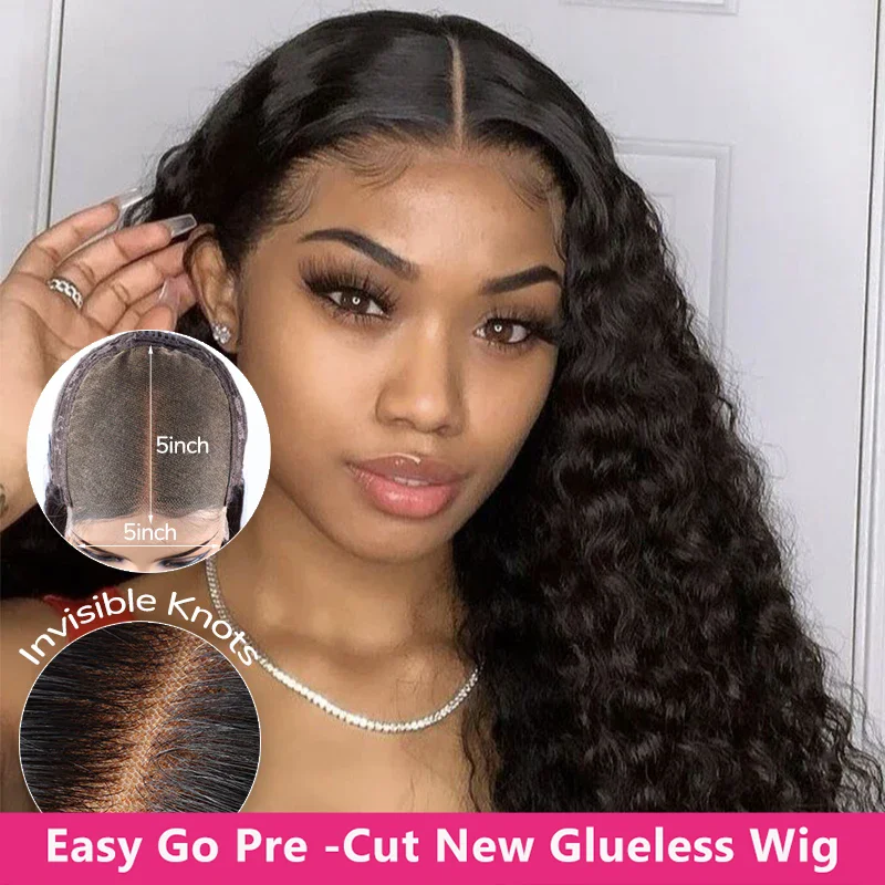 

Deep Wave Curly Hair Glueless Wigs 100% Human Hair Water Wave 5x5 6x4 Lace Closure Wig Ready to Go Remy Hair For Women Pre-Cut