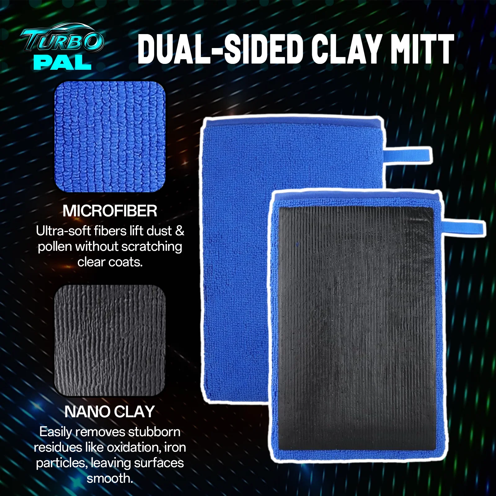 TURBOPAL 2pcs Dual-Sided Nano Clay Mitt, Microfiber Scratch-Free Ceramic & Wax Prep, Remove Iron Stains, Water Spots & Oxidation