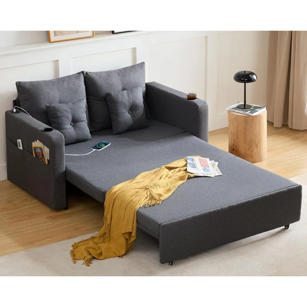 سرير أريكة قابل للتحويل 3 في 1، سرير أريكة نوم بمقعدين مقاس 56 بوصة، سرير أريكة للنوم مع جيب تخزين، USB، سحب مريح